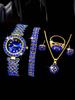 6pcs/Set-Women Watch Simple And Fashionable Luxury Blue Rhinestone Digital Women's Alloy Bracelet Watch Alloy Blue Bracelet Set