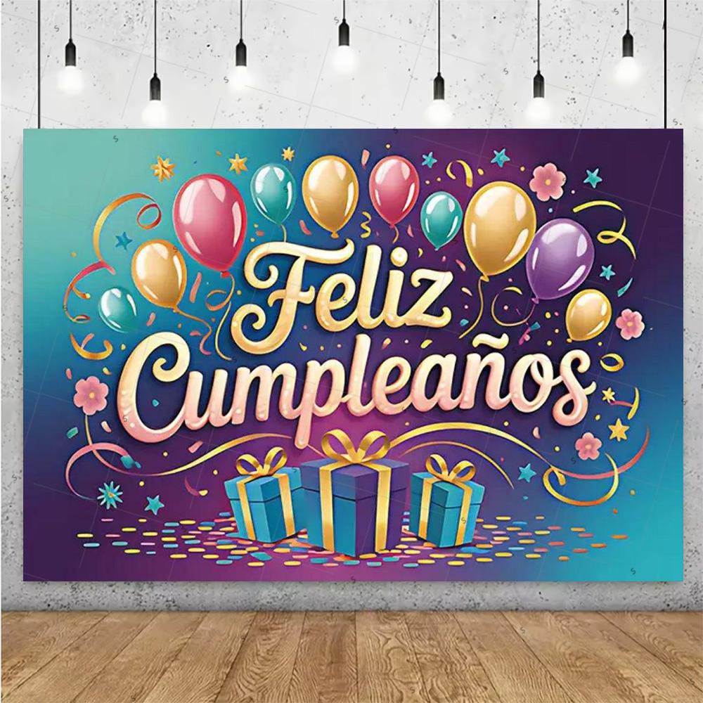 Happy Theme Background In Spanish, Party Decoration with Colored Globes, Background Banner, Gift for Children, Photo Session