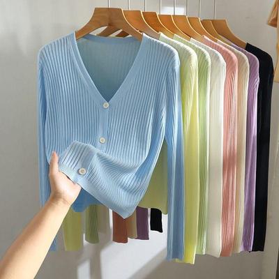 Women's Spring/Summer V-Neck Knitted Cardigan - Long Sleeve, Lightweight Slim Fit Jacket