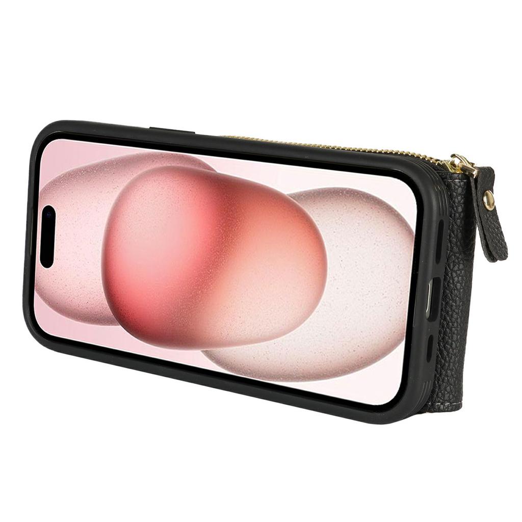 For iPhone 15 Case with Zipper Pouch/Ring Kickstand/Strap Litchi Texture PU+TPU Phone Cover