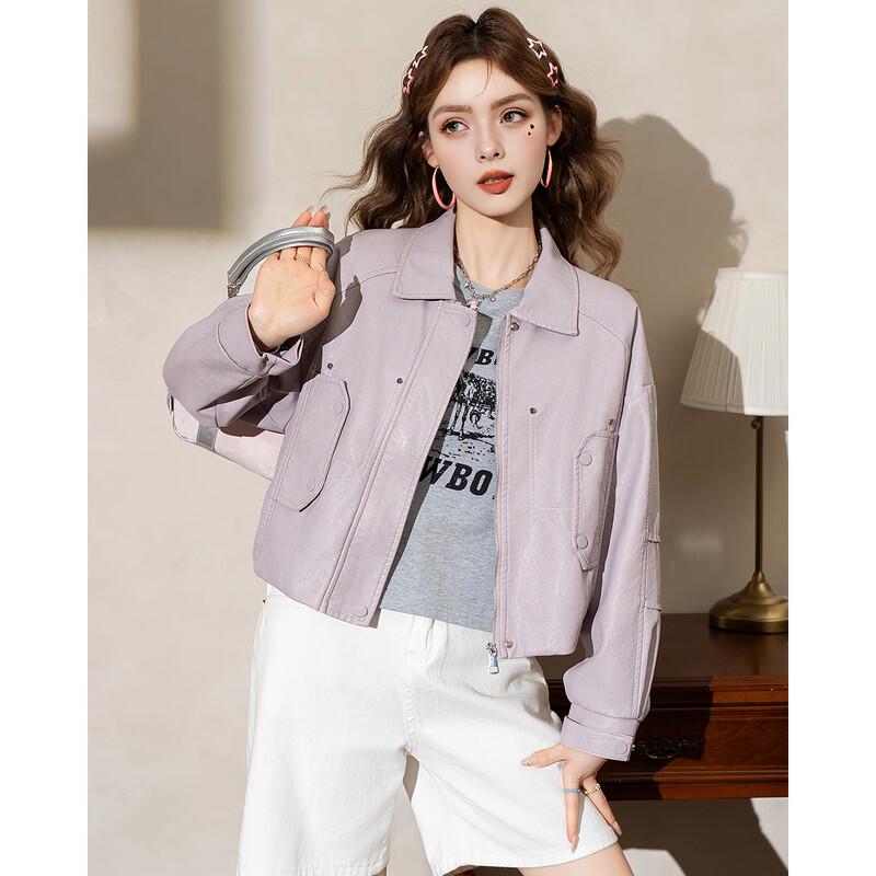 ET BOITE Women's Retro Lapel PU Leather Jacket
