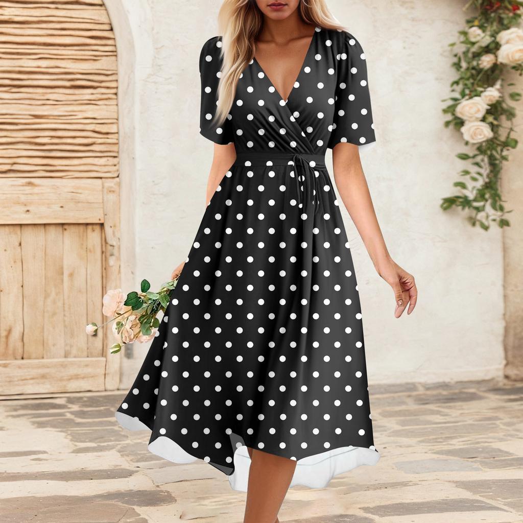 Women's Summer Loose V Neck Short Sleeve Dress, Elegant Dress