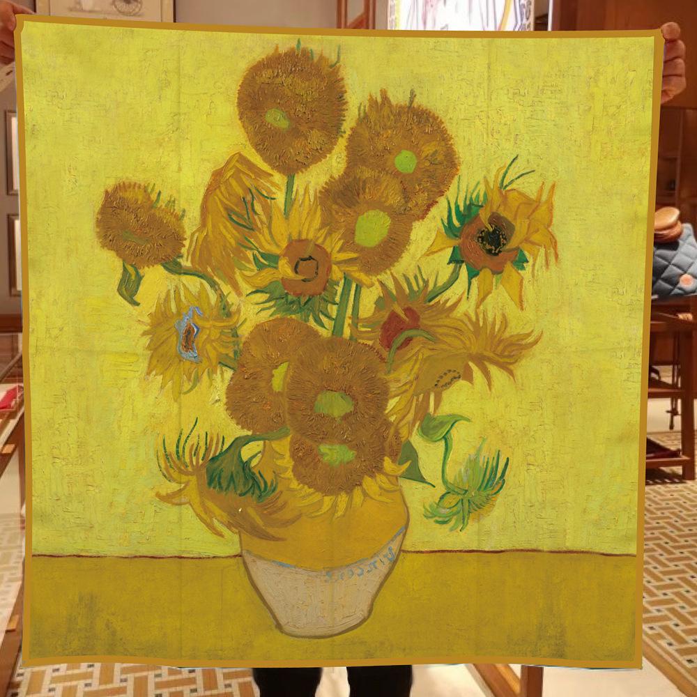 Silk Scarf Women Sunflowers Print Square Scarves Head Echarpes Silk Foulards Femme Wraps Beach Shawls Bandana Lady Hijabs 90CM