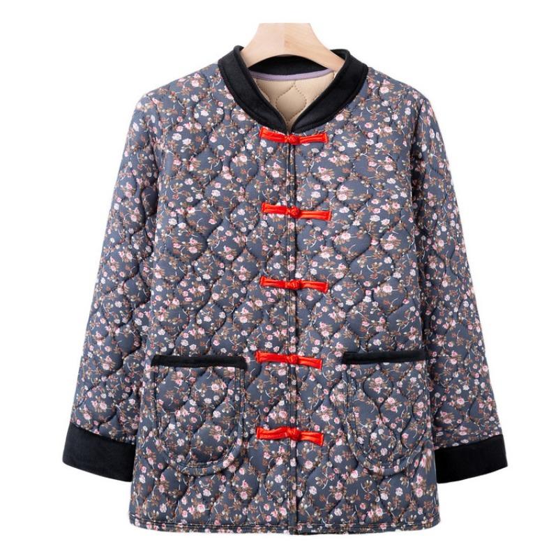 Middle-aged small cotton-padded jacket, winter floral cotton-padded coat, grandma's warm top, year-old 0 mother buckle coat