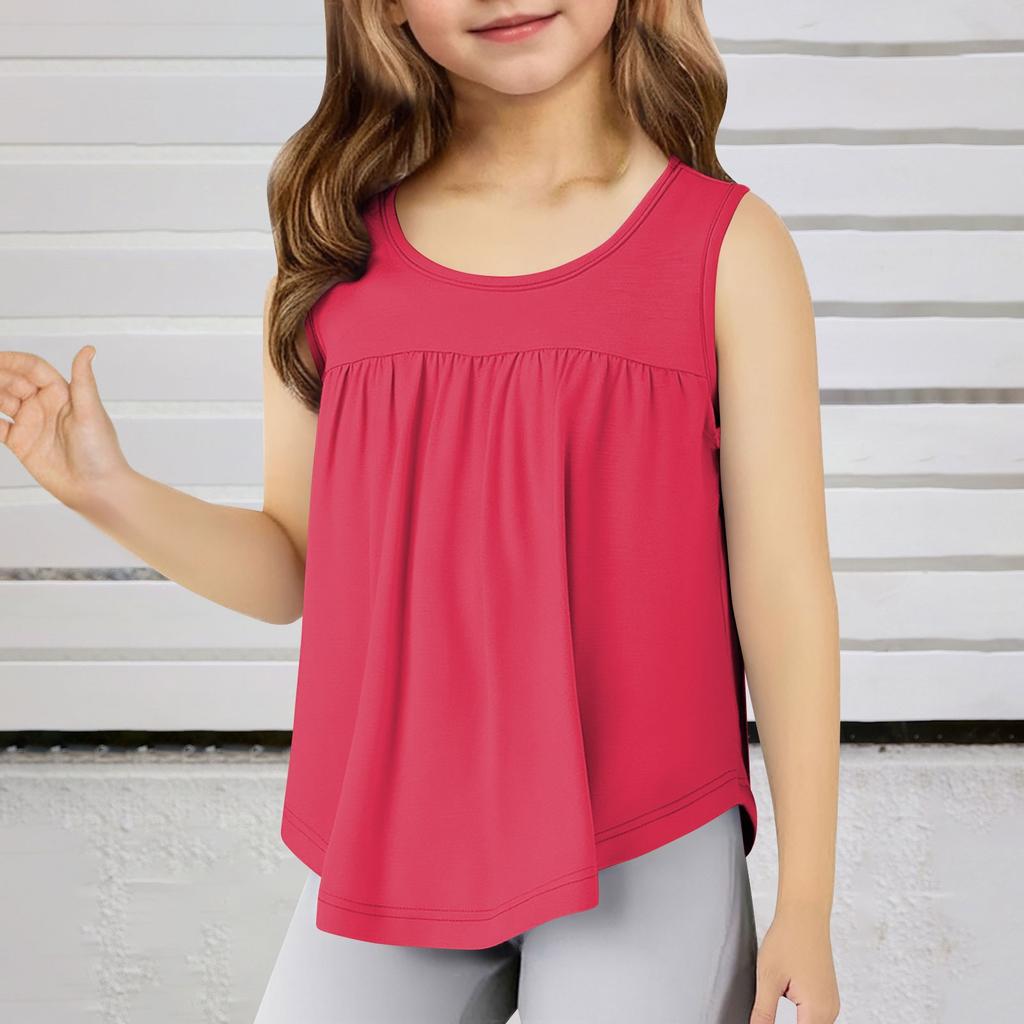 Children's Round Neck Casual Solid Color Sleeveless Pleated T-shirt Top