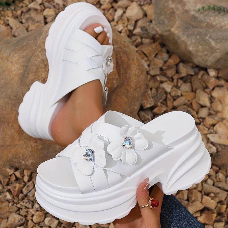 Women's Stylish White Platform Sandals with Transparent Flower Design - Open-Toe Summer Slippers with Thick Sole for Comfort and Height Enhancement