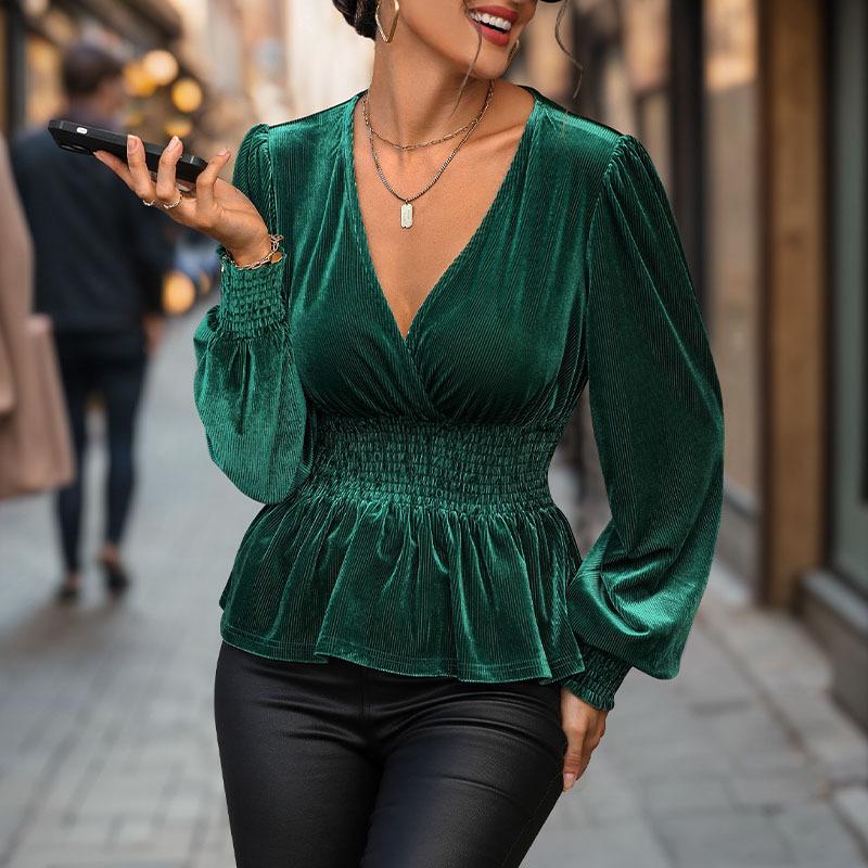 Fashionable and Casual Temperament Autumn Women's Long-sleeved Solid Color Velvet Shirt