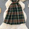 Vintage Tweed Plaid Tank Dress for Women Autumn Winter Sleeveless V-neck Single-breasted Woolen Dress with Belt