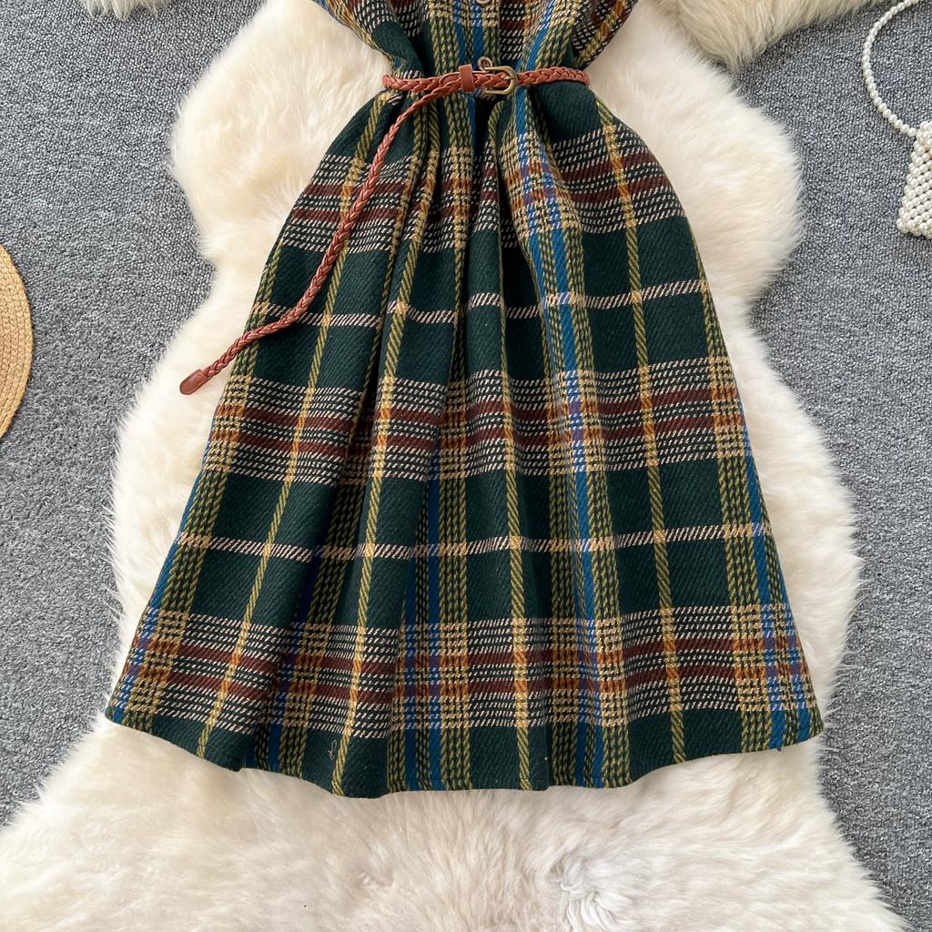 Vintage Tweed Plaid Tank Dress for Women Autumn Winter Sleeveless V-neck Single-breasted Woolen Dress with Belt