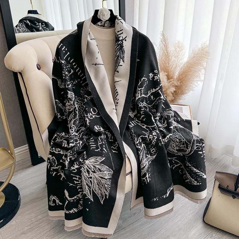 Flower Printing Contrasting Colors Autumn And Winter Double-Sided Imitation Cashmere Scarf Winter High-End Warm Shawl Women