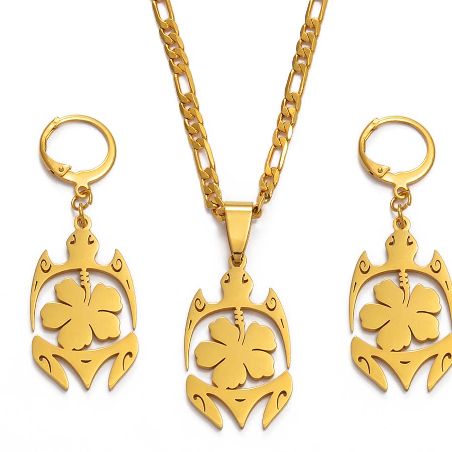 Anniyo Tortoise Jewelry set Hawaiian Flowers Gold Color Turtle Necklace Earrings Micronesia Hawaii for Women Girls @121221 60cm OR 23.6 Inches