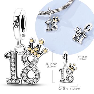 925 Silver Charm Bead 18th Birthday Zircon Crown Pendant Fit Bracelets Necklace DIY Gift