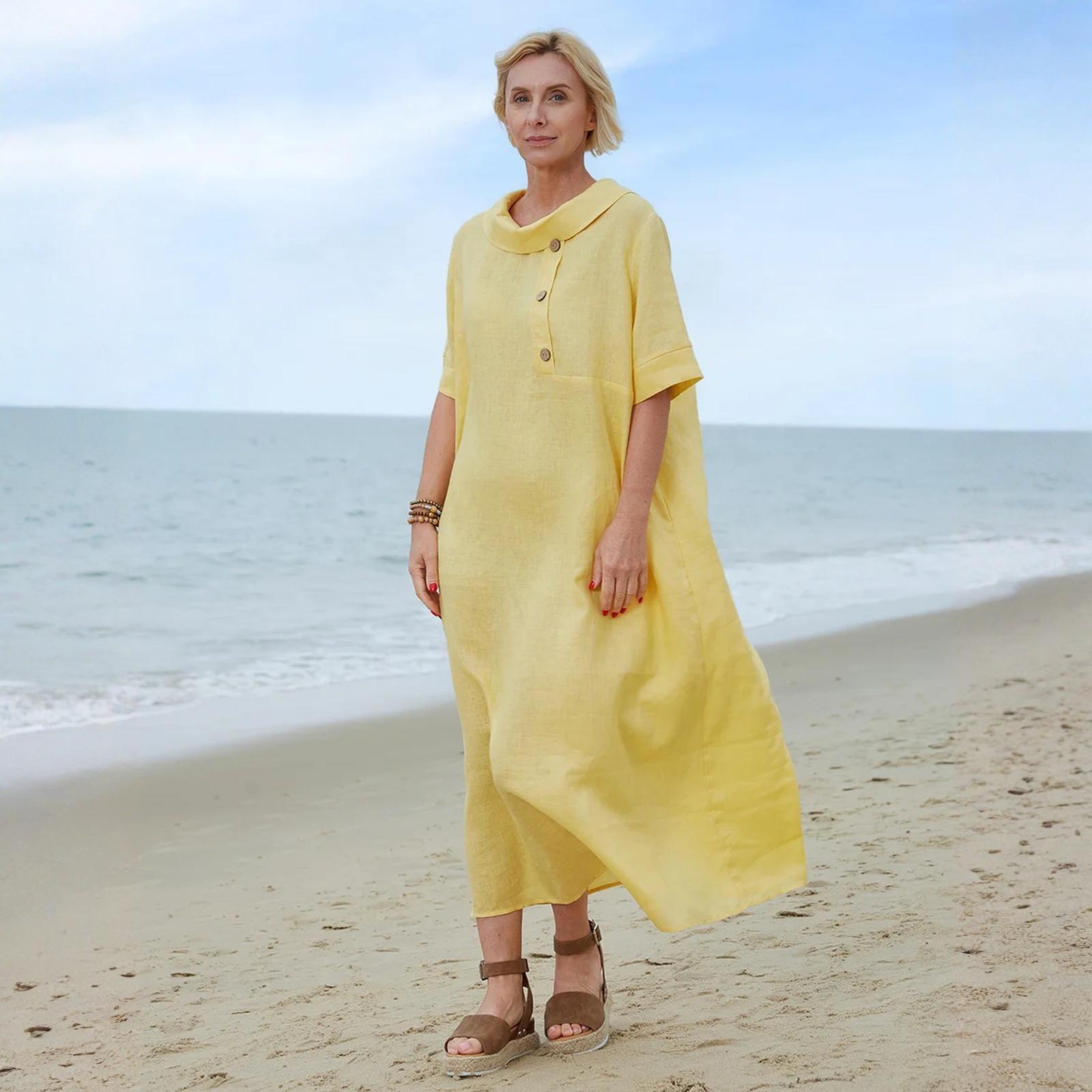 Linen Dress For Women Cotton Linen Maxi Dress Casual Short Sleeve Long Sundress Beach Vacation Outfits XL жёлтый