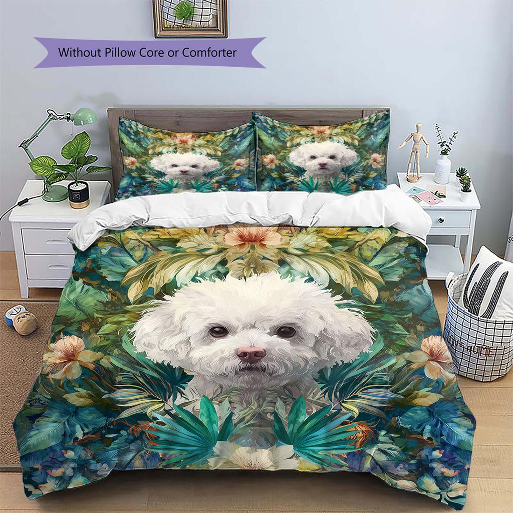 Cute Bichon Pattern Bedding Home Decoration Birthday Gift (1 * duvet cover + 2 * pillowcase, without core)