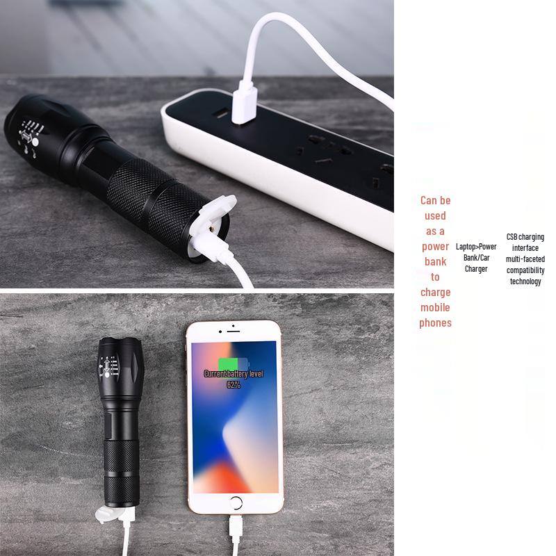 Cross-border USB Rechargeable LED Flashlight T6, Telescopic Focus, Aluminum Alloy, Waterproof, High-Intensity for Outdoor Use.