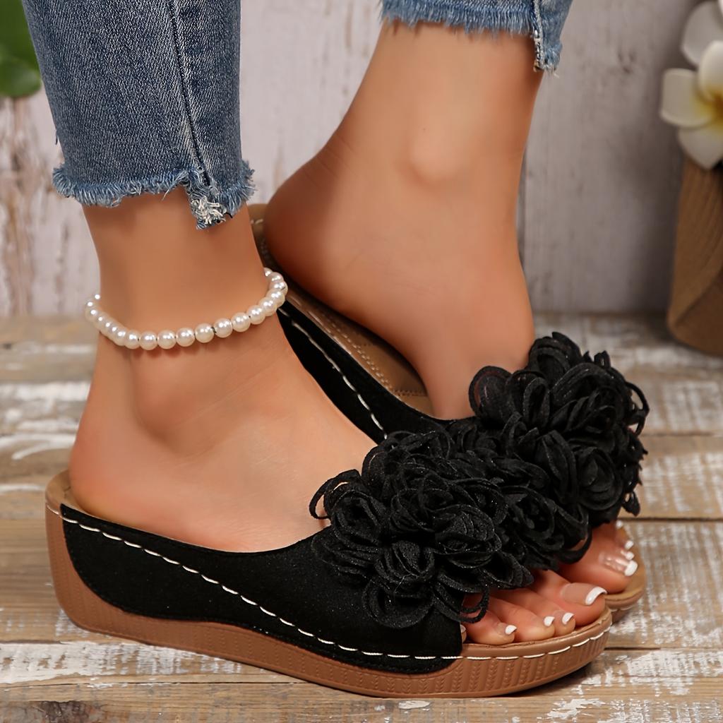 Elegant Wedge Sandals for Women Classic Style with Large Floral Decorations Suitable for Formal Occasions and Slip-on Design with Strappy Back