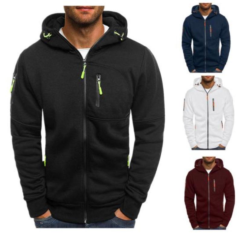 Yousheng Men Spring Fall Fitness Hoodie with Zipper Pockets Zip-up Cardigan Thick Solid Color Daily Coat Elastic Cuffs And Hem Jacket for Travel And