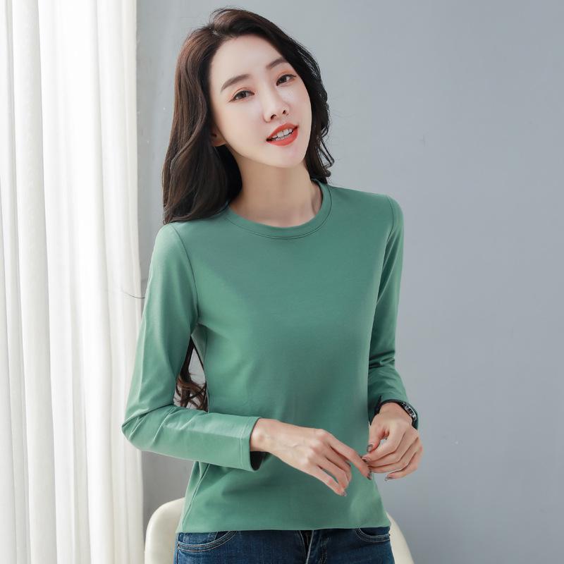2024 Spring & Autumn Women's Long Sleeve Round Neck T-shirt - Korean Style Casual Solid Color Base Layer