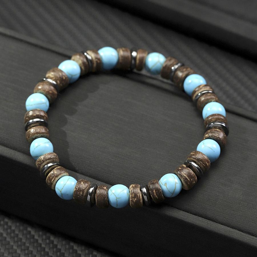 New Men Fashion Strand Bracelet Natural Onyx Tiger Eyes Blue Howlite Stone Wooden Coconut Beads Braslet Versatile Accessories