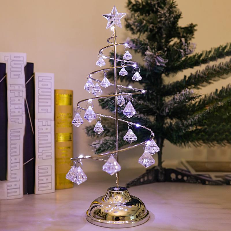LED Crystal Christmas Tree Night Light - Elegant Iron Art Desk Lamp for Bedroom Ambiance