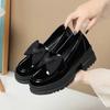 Fashion Spring Women British Style Shallow Patent Leather Black Loafers Thick Bottom Bow Platform Shoes 2024 Med Heels Single Pumps