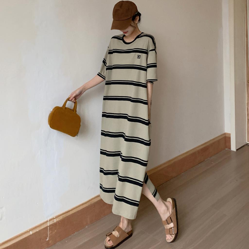 DIMANAF 2025 Sommar Plus Size Klänning Dam Casual Vintage Bomullsklänning Basic Lös Randig Långklänning