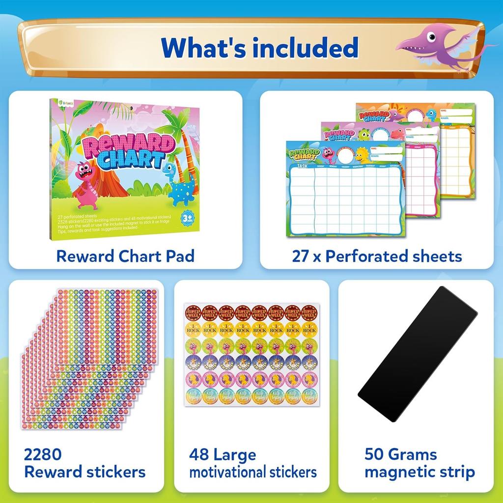 D-FantiX Reward Chart for Kids - Pad with 27 Chore Charts, Magnetic Behavior Chart for Kids at Home, Sticker Chart to Motivate Responsibility and