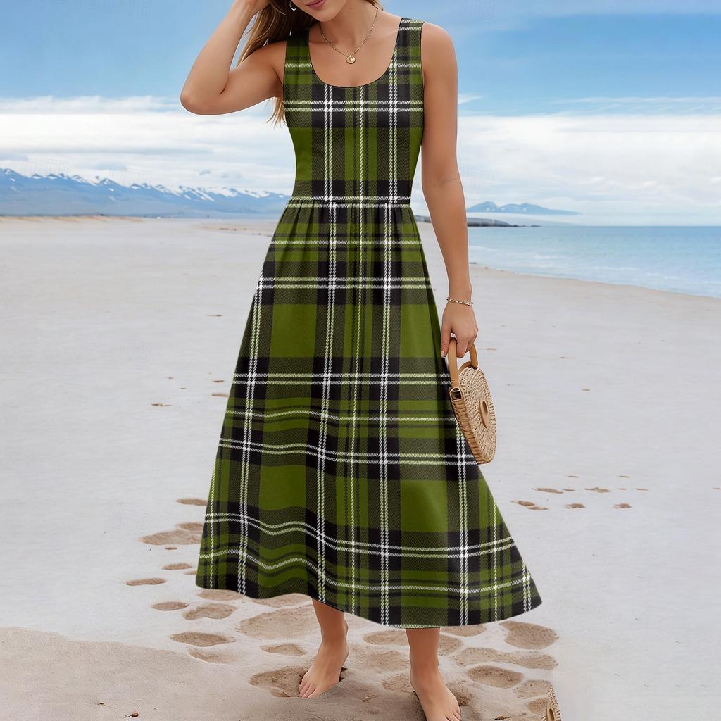 Ladies' Checkered Summer Casual and Fashionable Sleeveless Long Dress