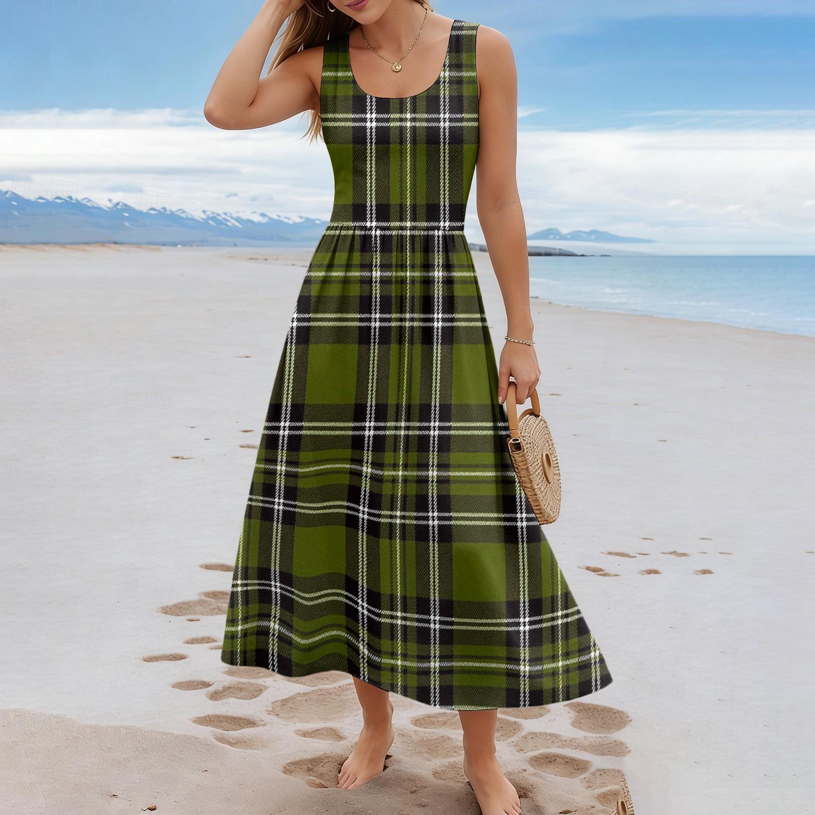 Ladies  checkered summer casual and fashionable sleeveless long dress XXL