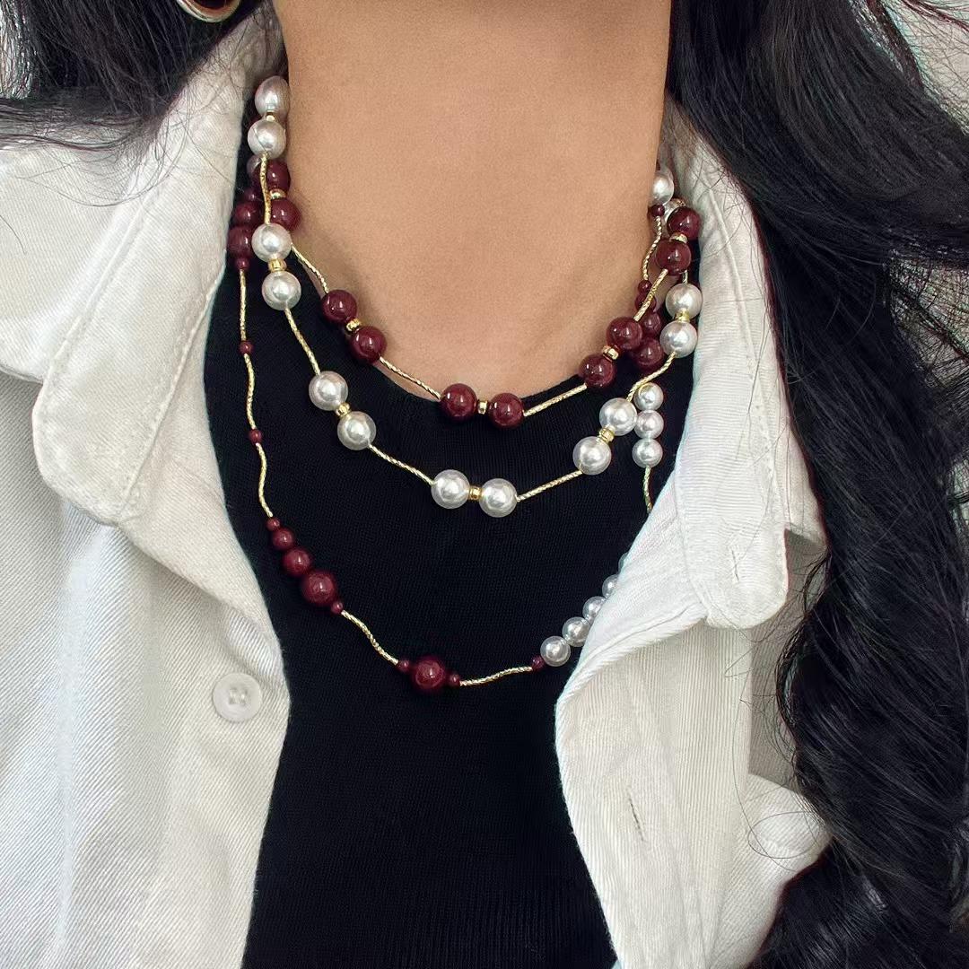 

High Quality Ankara Red New Year S Red Multi-Layer Artificial Crystal Pearl Necklace Clavicle Chain Sweater Chain