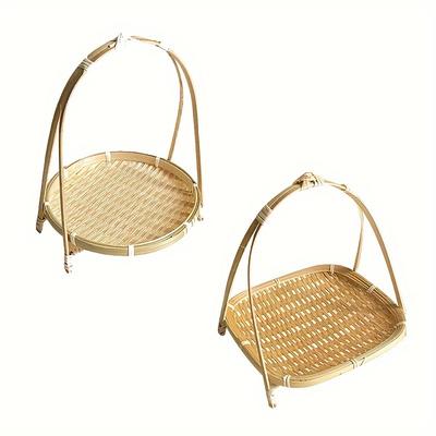 1 Stück handgefertigter Bambus-Kleinkorb, runder quadratischer Erfrischungs-Obstkorb, Kuchen-Snack-Bambus-Aufbewahrungskorb, Erfrischungs-Snack-Obstschale