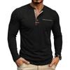 Autumn Winter Mens Henley Long Sleeve T-Shirt Contrast Collar Placket 3 Buttons Chest Pocket Soft Casual Daily Tops