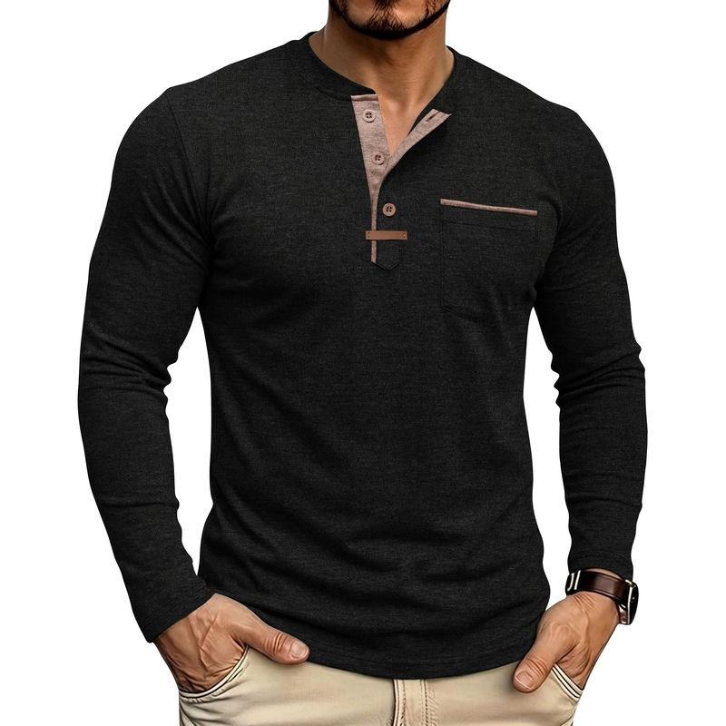 Autumn Winter Mens Henley Long Sleeve T-Shirt Contrast Collar Placket 3 Buttons Chest Pocket Soft Casual Daily Tops