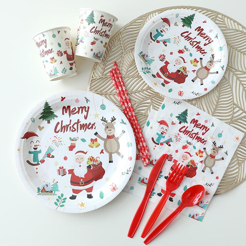 Christmas Disposable Tableware Sets Santa Claus Party Tablecloths Paper Plates Cups Tissue Napkins Straws Decoration Supplies