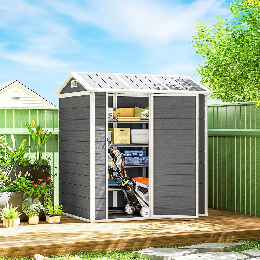 Garden House, Garden Shed with Floor, Window, Lockable Door, Plastic Resin, Weatherproof, Gray