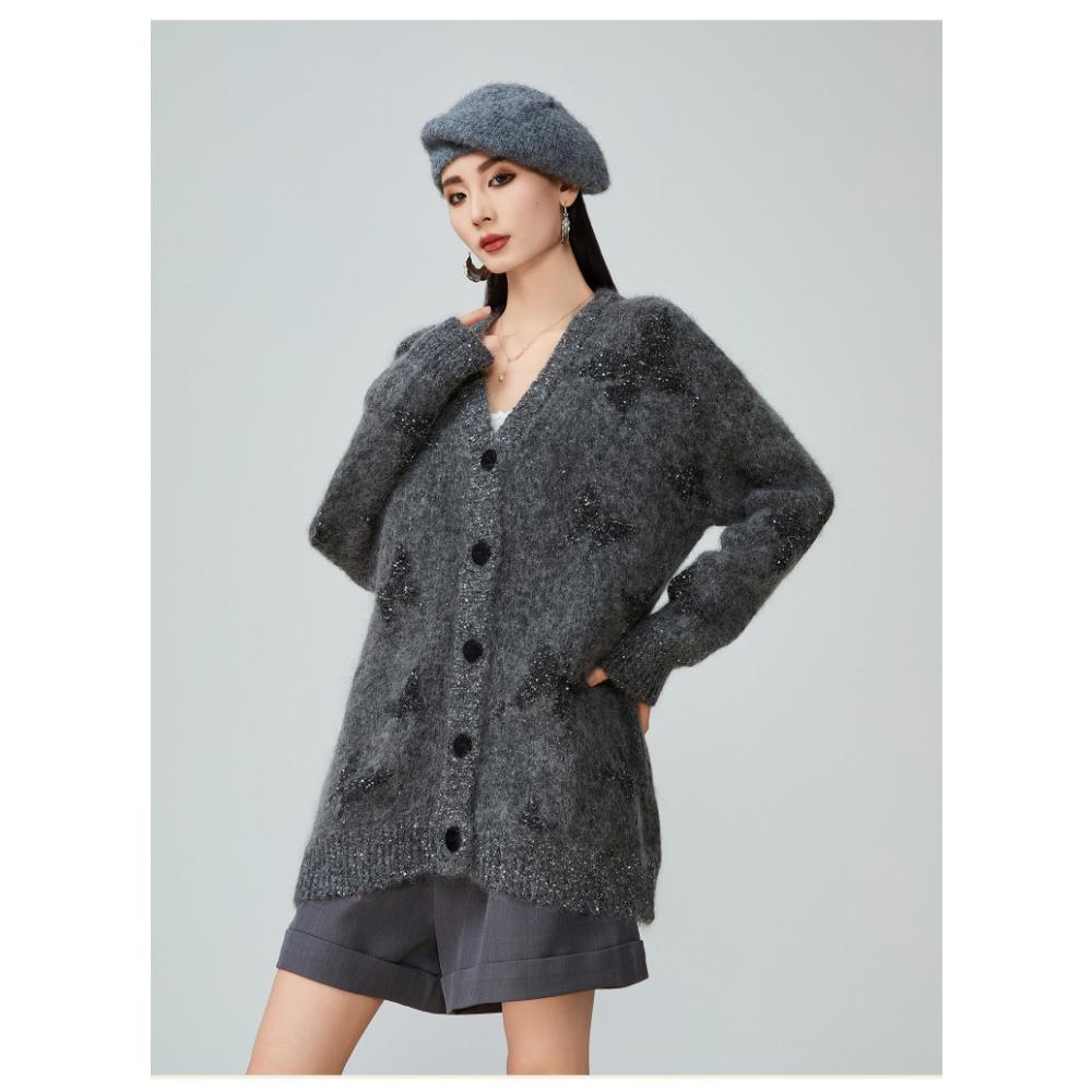 Dimanaf Swetry Kardigan Damski Wzór Gwiazd Nadruk Guziki Swetry Dzianinowe Luźny Sweter Jesień 2025