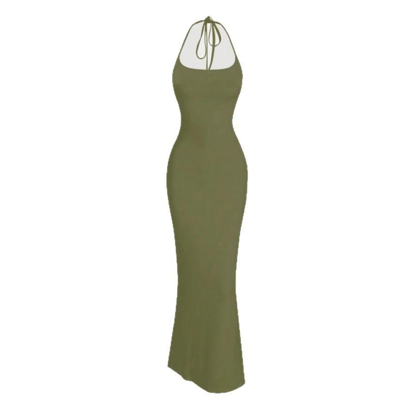 European and American Women's Clothing Sexy Neck Slim Dress High Waist Halter Strap Long Dress