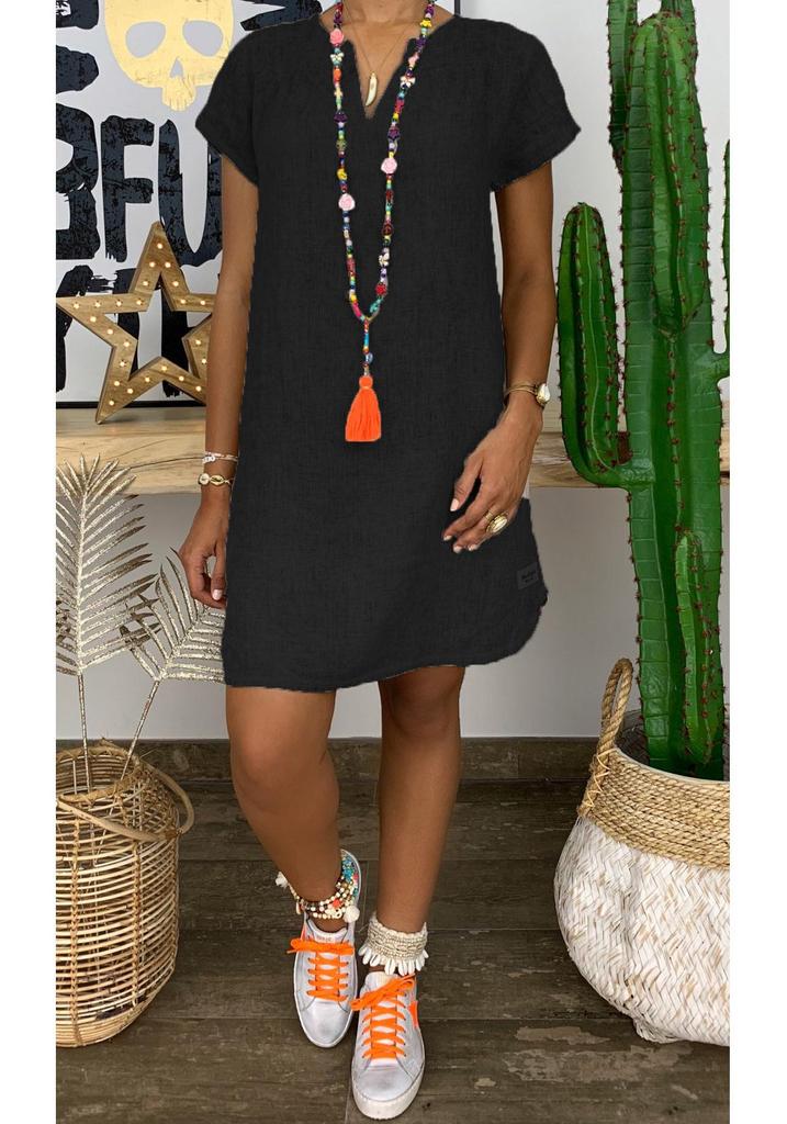 2025 Summer Solid Color V-Neck Cotton Linen Short Sleeve Dress for Women