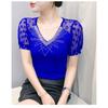 Summer V Neck Short Sleeved Women's T Shirt Fashion Sexy Diamond Mesh Tees Lace