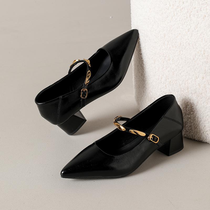

Модные туфли-лодочки Aphixta высокого качества на среднем каблуке 4 см с острым носком и металлической пряжкой, женские Мэри Джейн на высоком каблуке, элегантная офисная женская обувь 36 чёрный