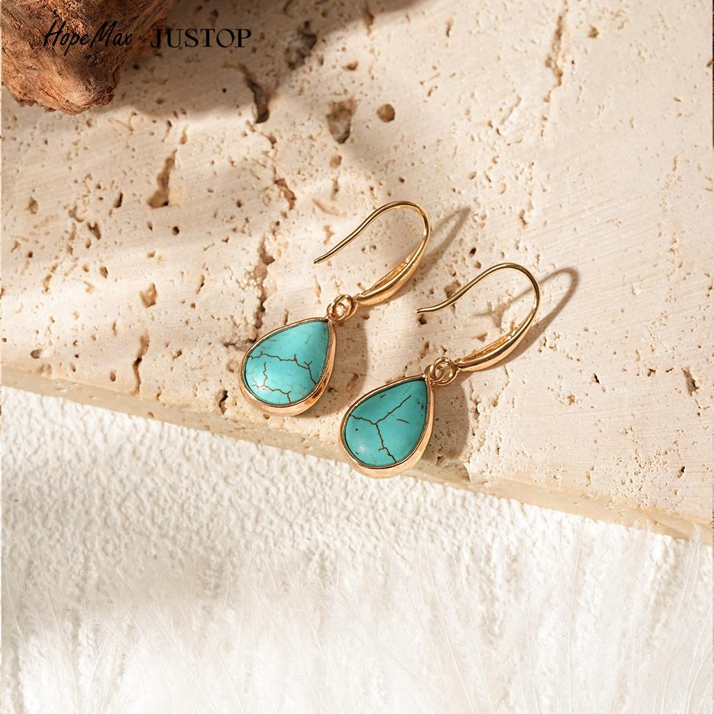 European and American Style Natural Stone Earrings, Teardrop-shaped Turquoise Earrings, Natural Stone Inlaid with Turquoise Studs