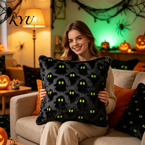 Cozy Halloween Ghost Cushion Covers 2Pcs Covers, Plush Throw Pillow 18x18 Decorative Pillowcase Inch Cases for Sofa Bed Couch Chair Theme Home