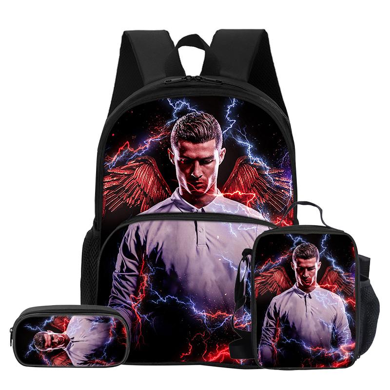 3 Pcs Set with Front Pocket Backpack Ronaldo with Thermal Insulated Lunch Tote Purse CR Pencil Case Football Star Rucksack