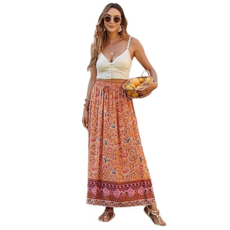 Women's 2025 Bohemian Floral Print Pleated Maxi Dress with Elastic High Waist