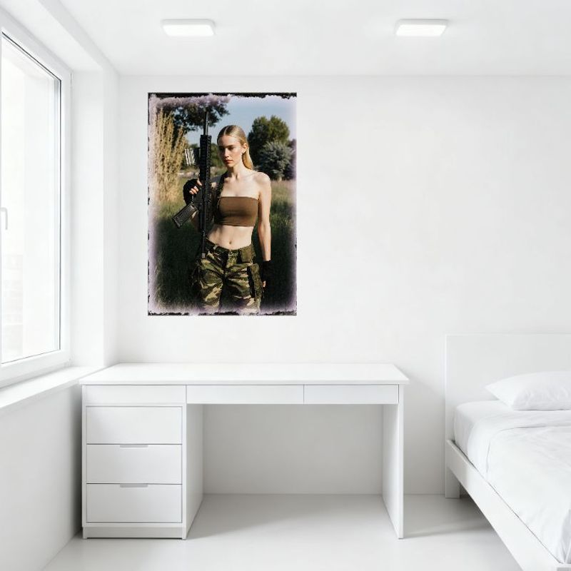 Sexy Blonde Woman with Black Rifle Vintage Metal Tin Sign, Camouflage Pants & Brown Top Outdoor Grassland Decor for Bar Home Caf