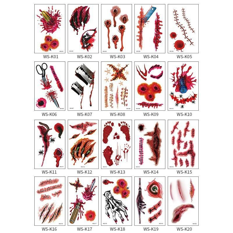 New Halloween Tattoo Stickers Simulated Bloody Scar Stickers Realistic Horror Disposable Temporary Waterproof Stickers