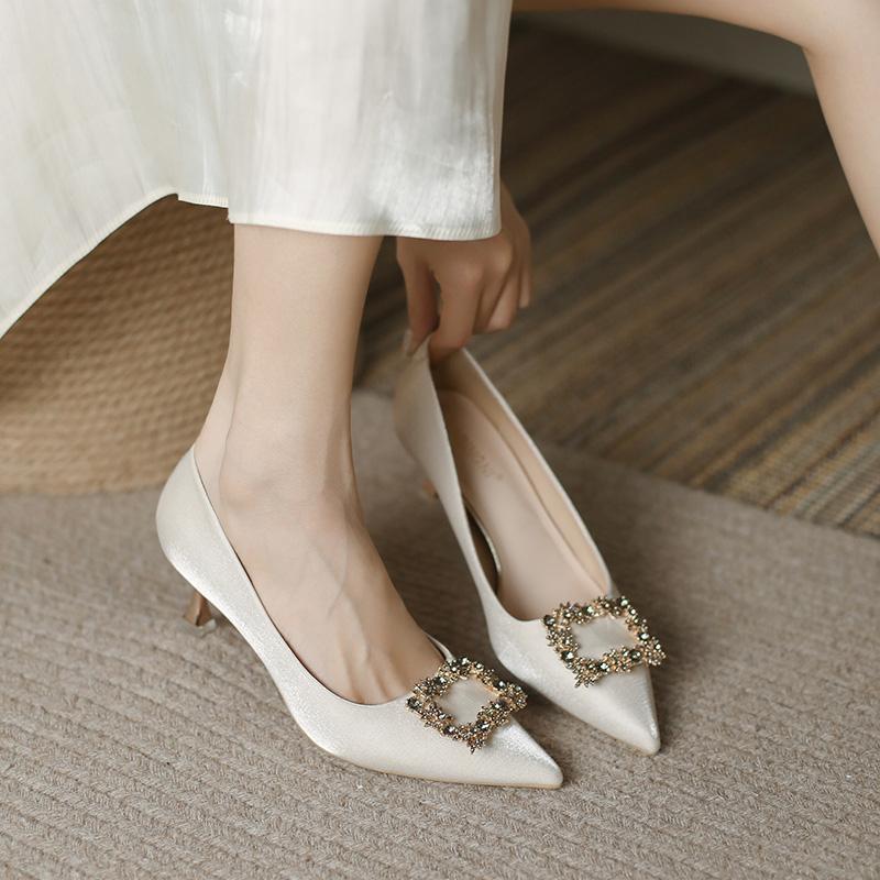 Silk Stiletto Single Shoes Fashion Pointed Toe Shallow Mouth Metal Buckle Slip-on Non-Slip High Heels