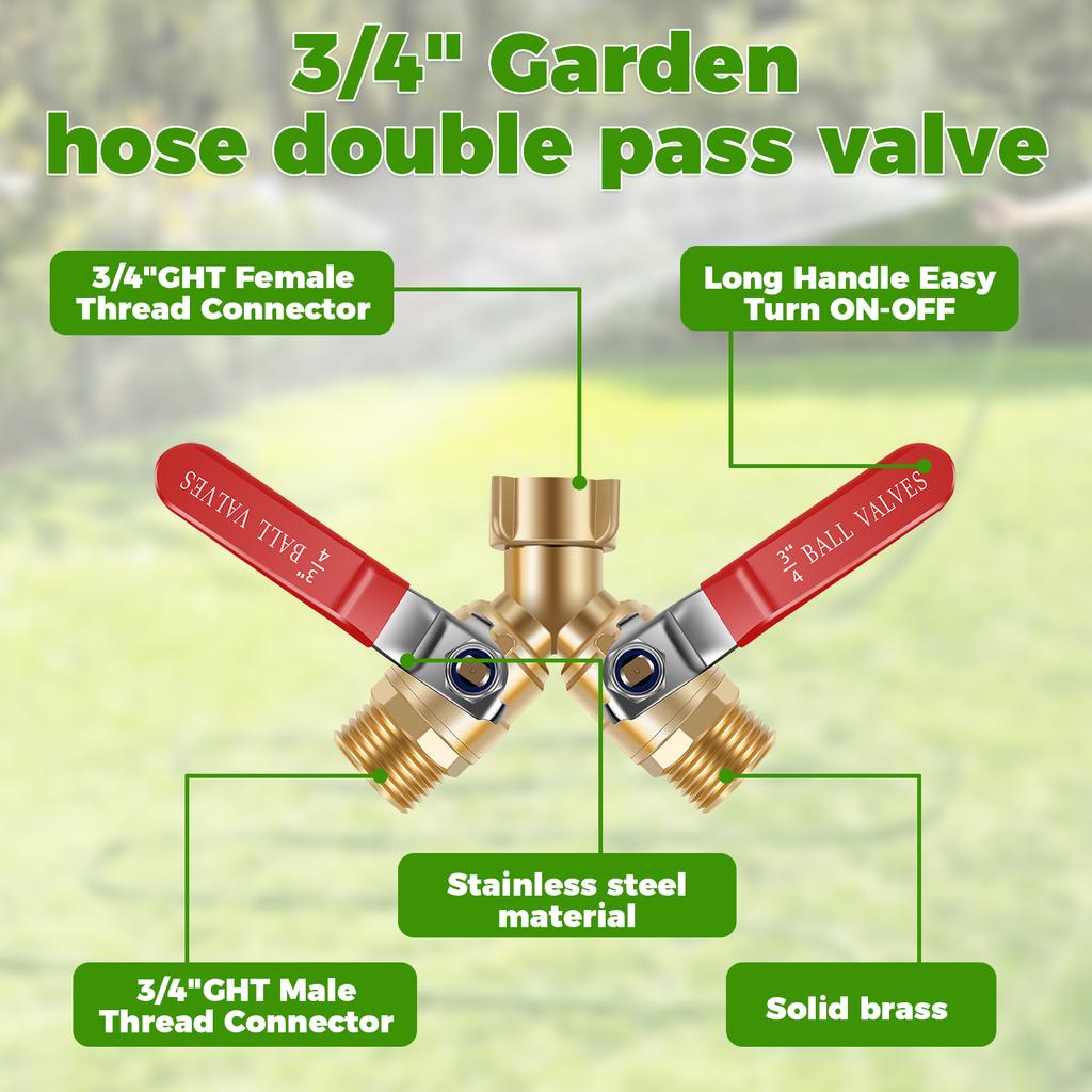 Hose Splitter 2 Way Brass Garden Hose Splitter with Long Handle Outdoor Full Flow Hose Splitter Connector,Y Valve 3/4 Inch GHT