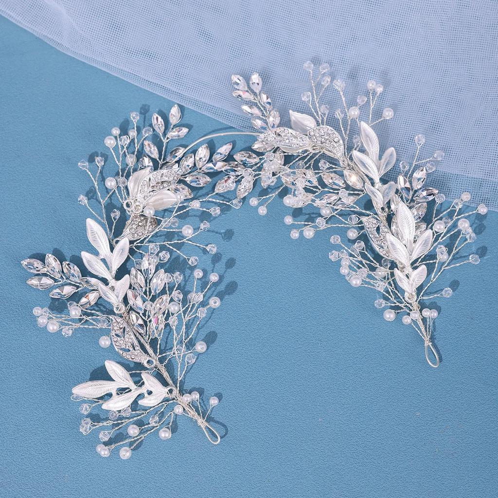 Bridal Hair Accessories Crystal Pearl Headband Tiara Rhinestone Leaf Headband Hairband for Women Elegant Princess Headwear