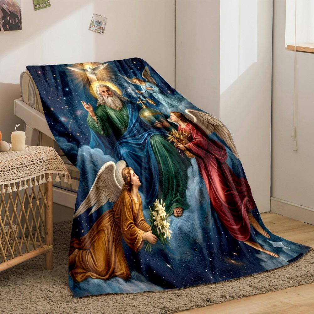 God and Angels with Heavenly BackgroundFlannel blanket for bedroom, living room, sofa, and nap